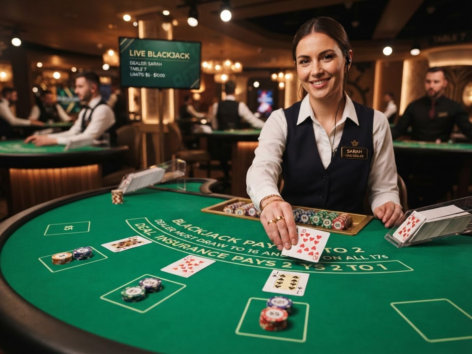 Table de blackjack en direct avec croupier distribuant les cartes
