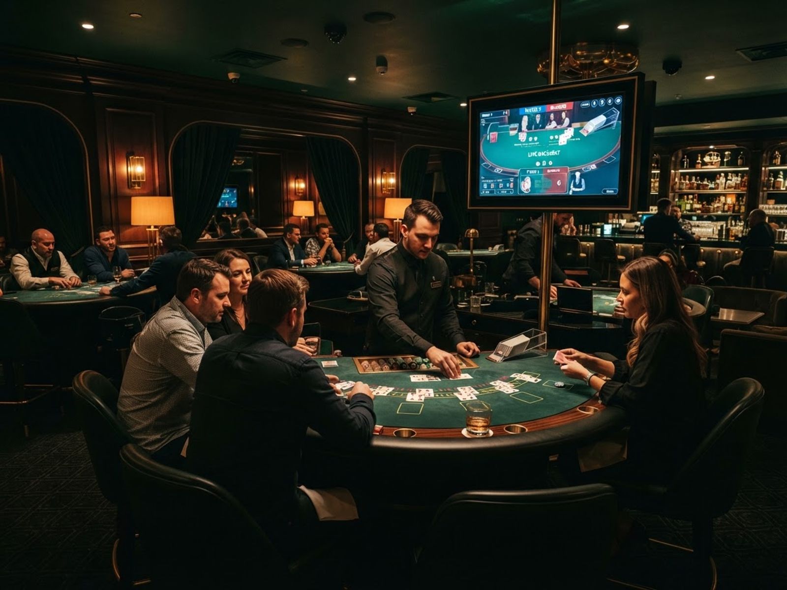 Salon de casino en direct avec écran de jeu lumineux