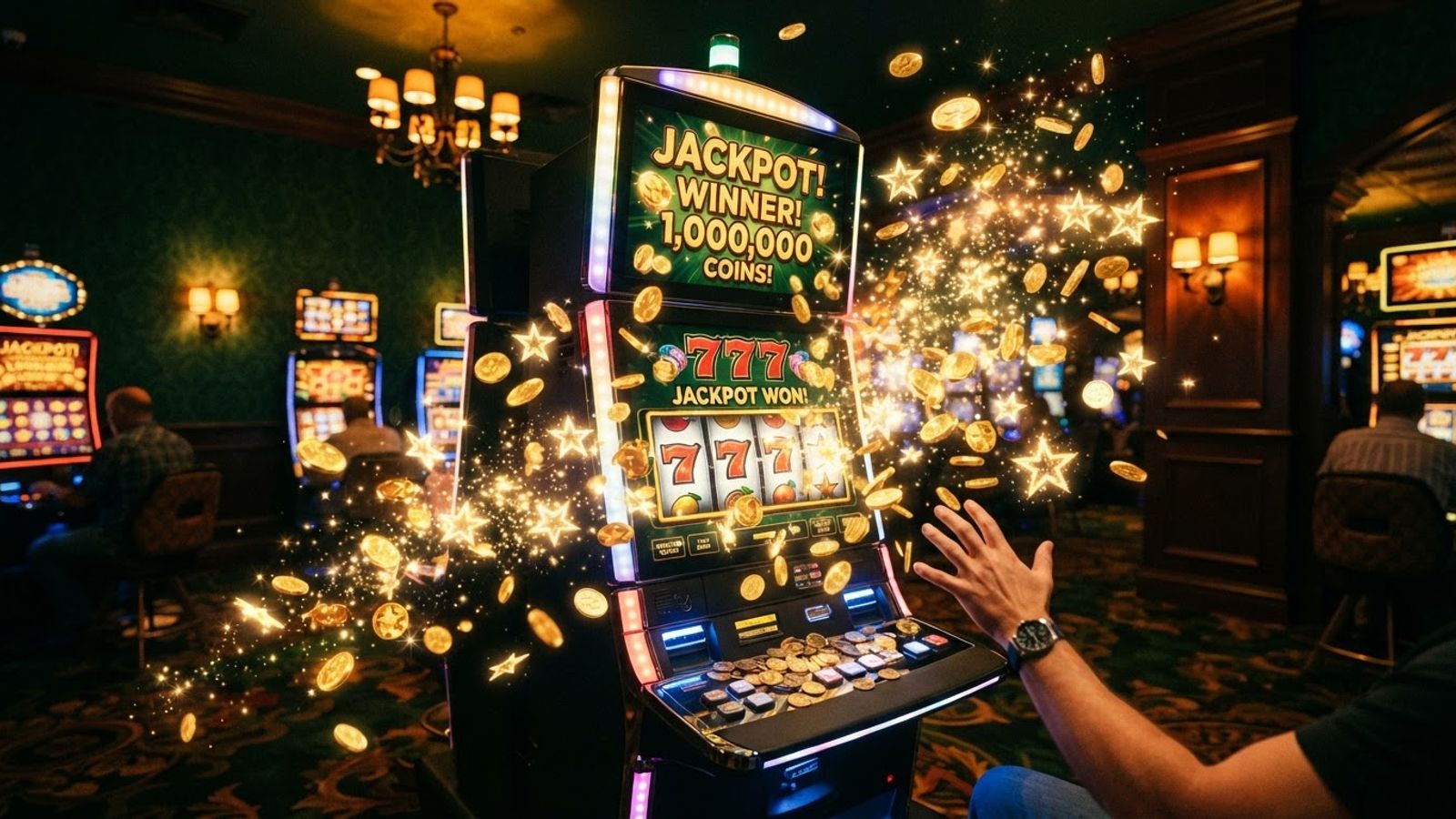 Pièces dorées et symboles étoilés autour d'une machine à sous