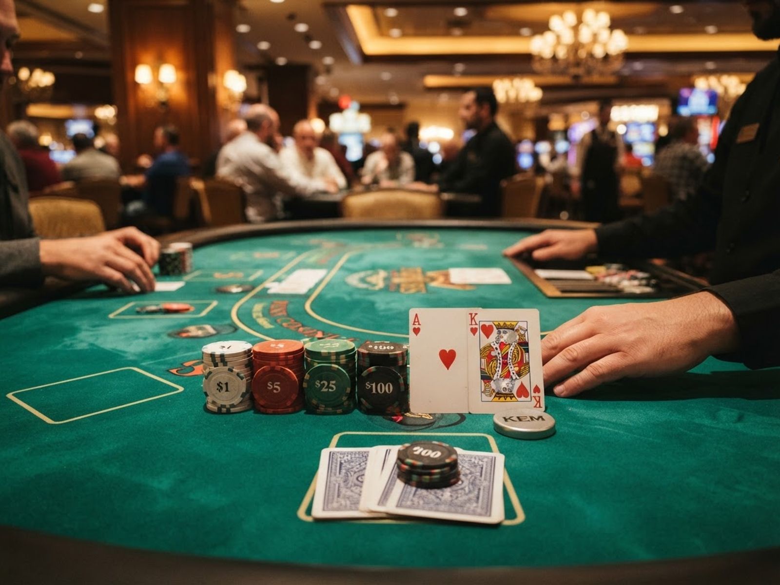 Cartes à jouer et jetons sur une table de casino en direct