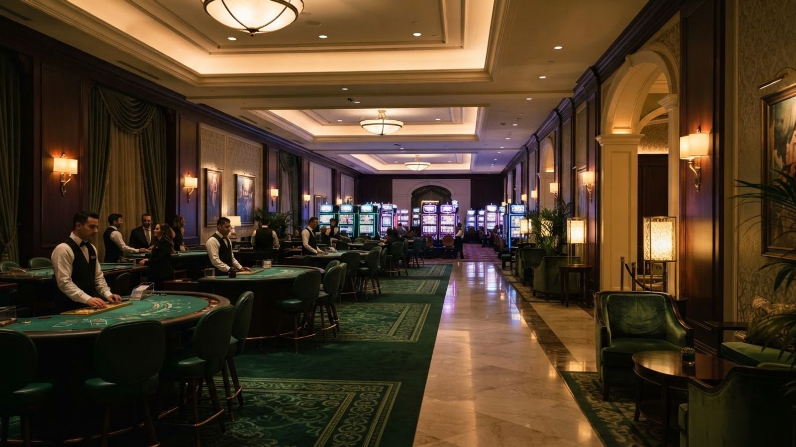 Vue panoramique d'une salle de casino en ligne élégante et lumineuse